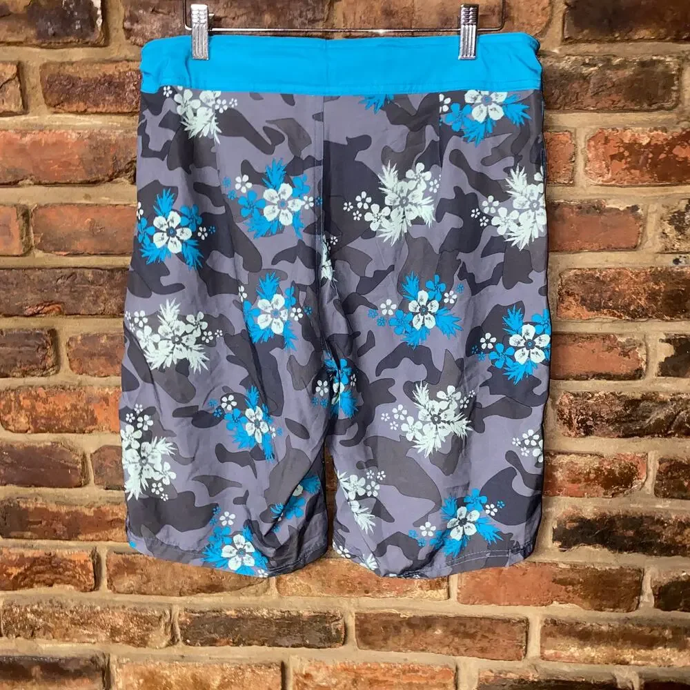 Red Camel Gray Blue Tropical Floral Hawaiian Swim Trunks Bathing Suit Size 32